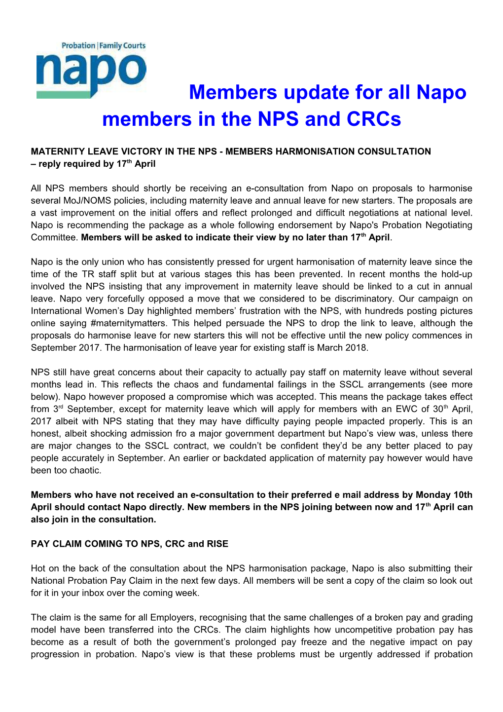 Maternity Leave Victory in the Nps - Members Harmonisation Consultation