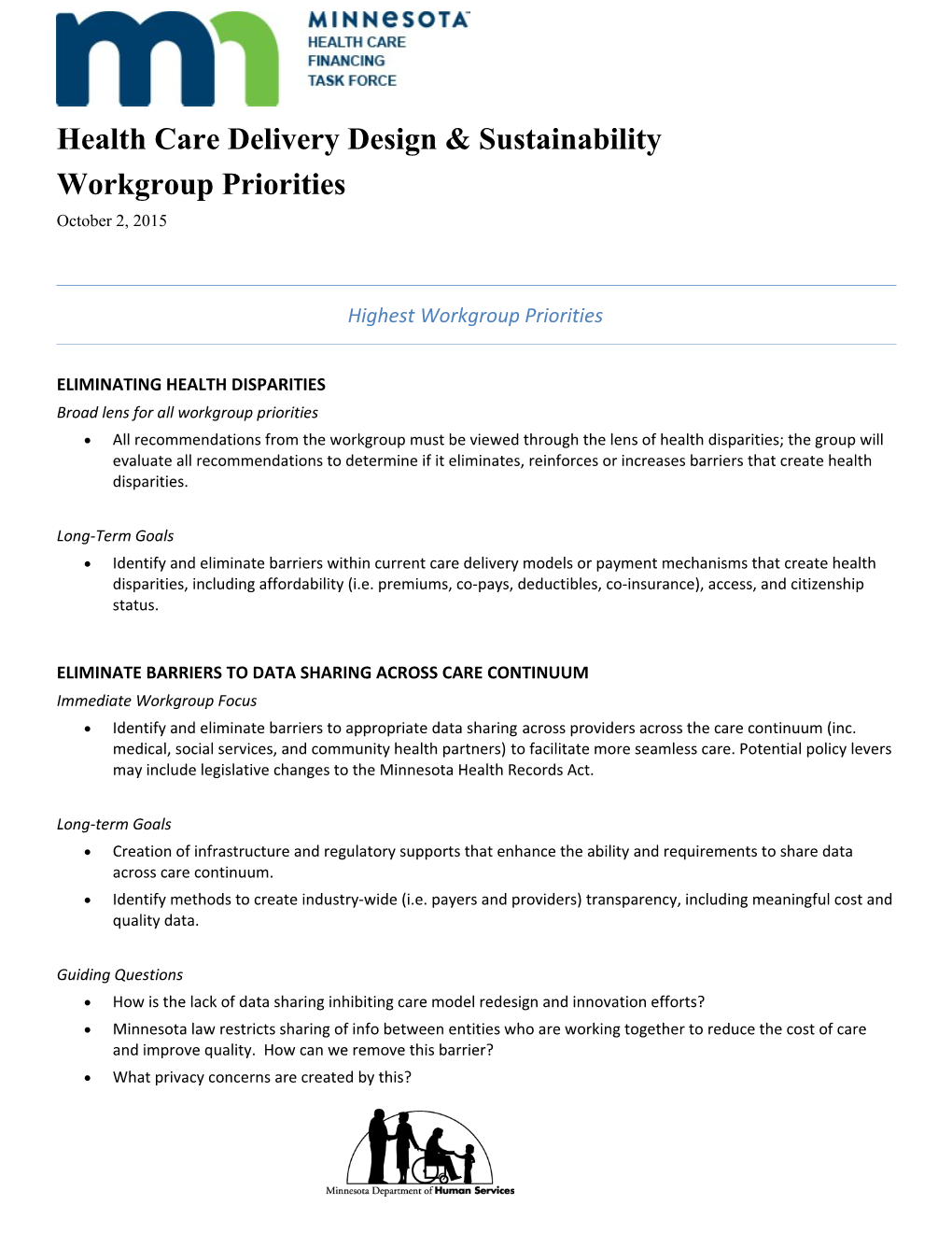 2015 Health Care Financing Task Force Workgroup Priorities