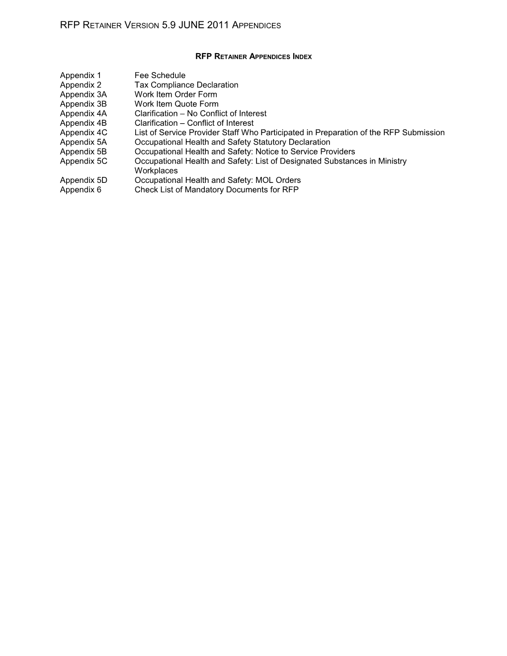 RFP Retainer Appendices Index