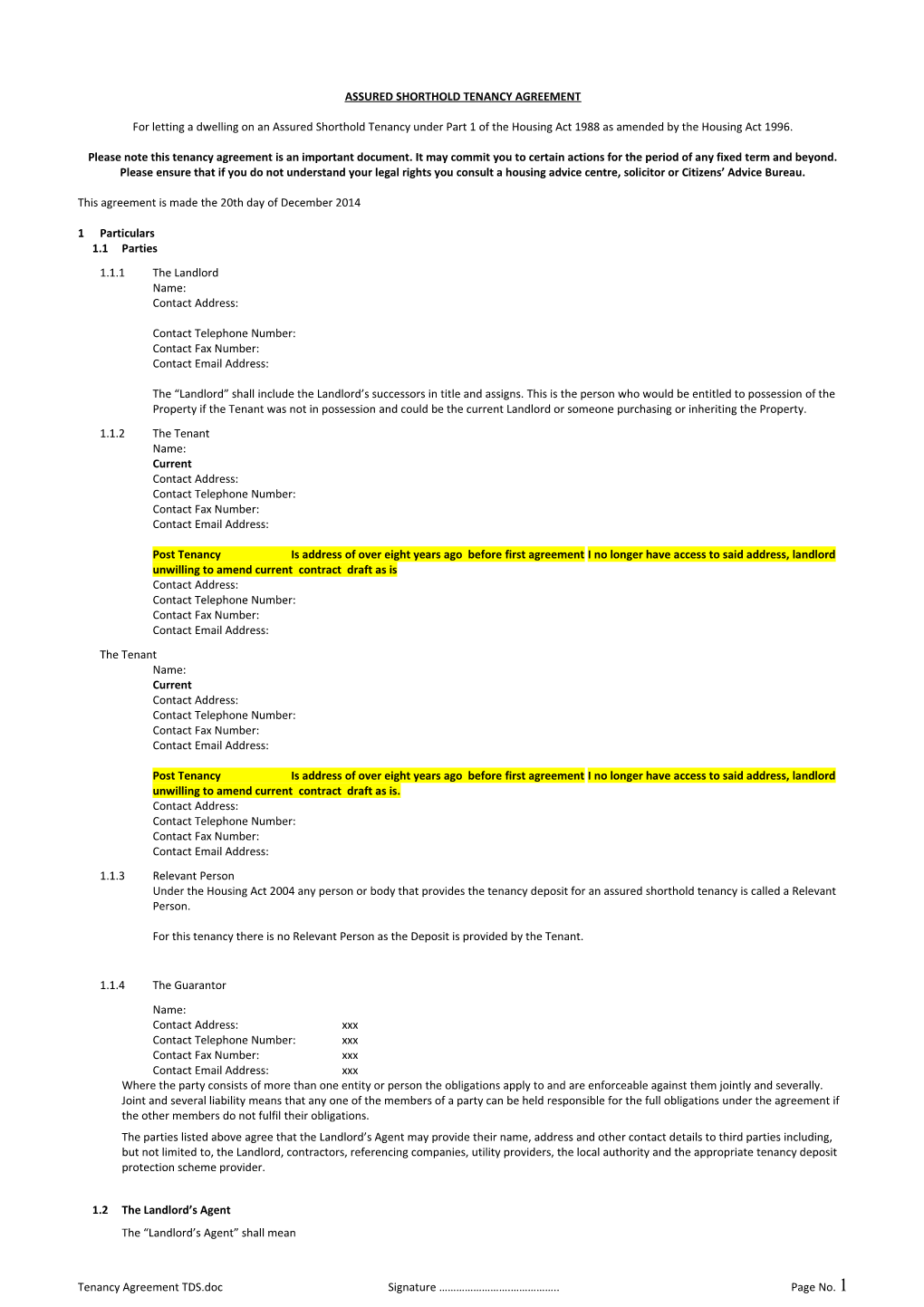 Assured Shorthold Tenancy Agreement