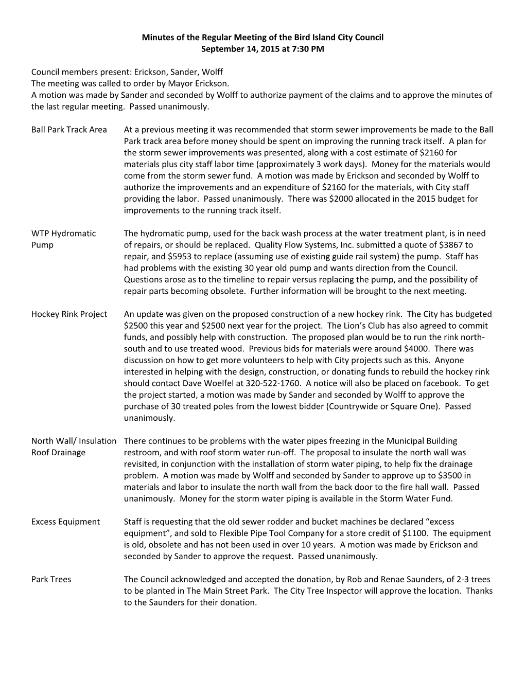 Minutes of the Regular Meeting of the Bird Island City Council s1