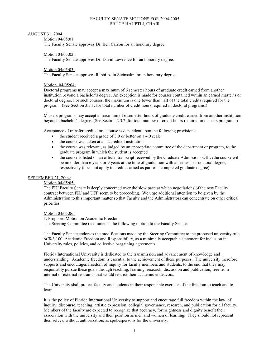 Faculty Senate Motions for 2004-2005