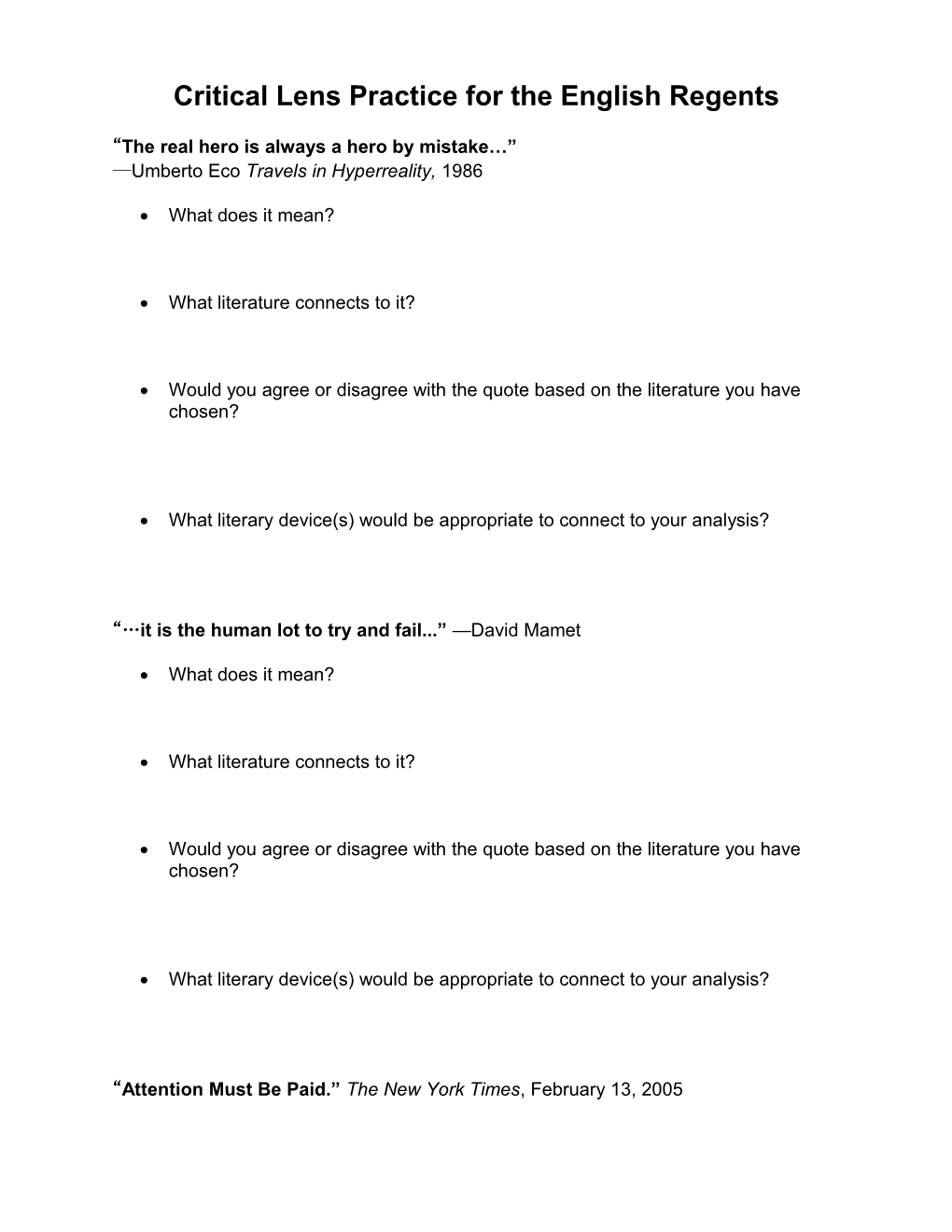 Critical Lens Practice for the English Regents