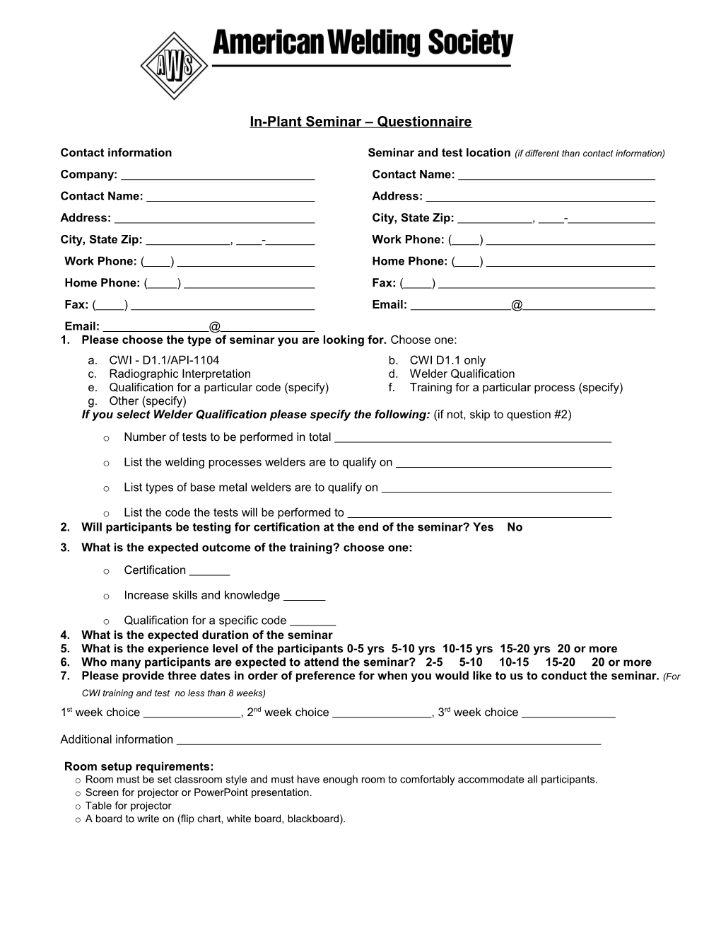 In-Plant Seminar Initial Contact Questionnaire