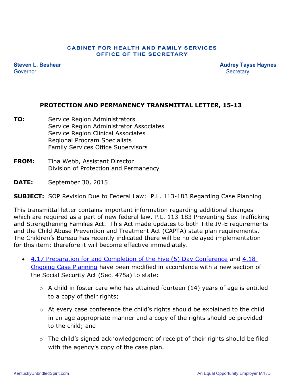 PPTL 15-13 SOP Revision Due to Federal Law P.L. 113-183 Regarding Case Planning