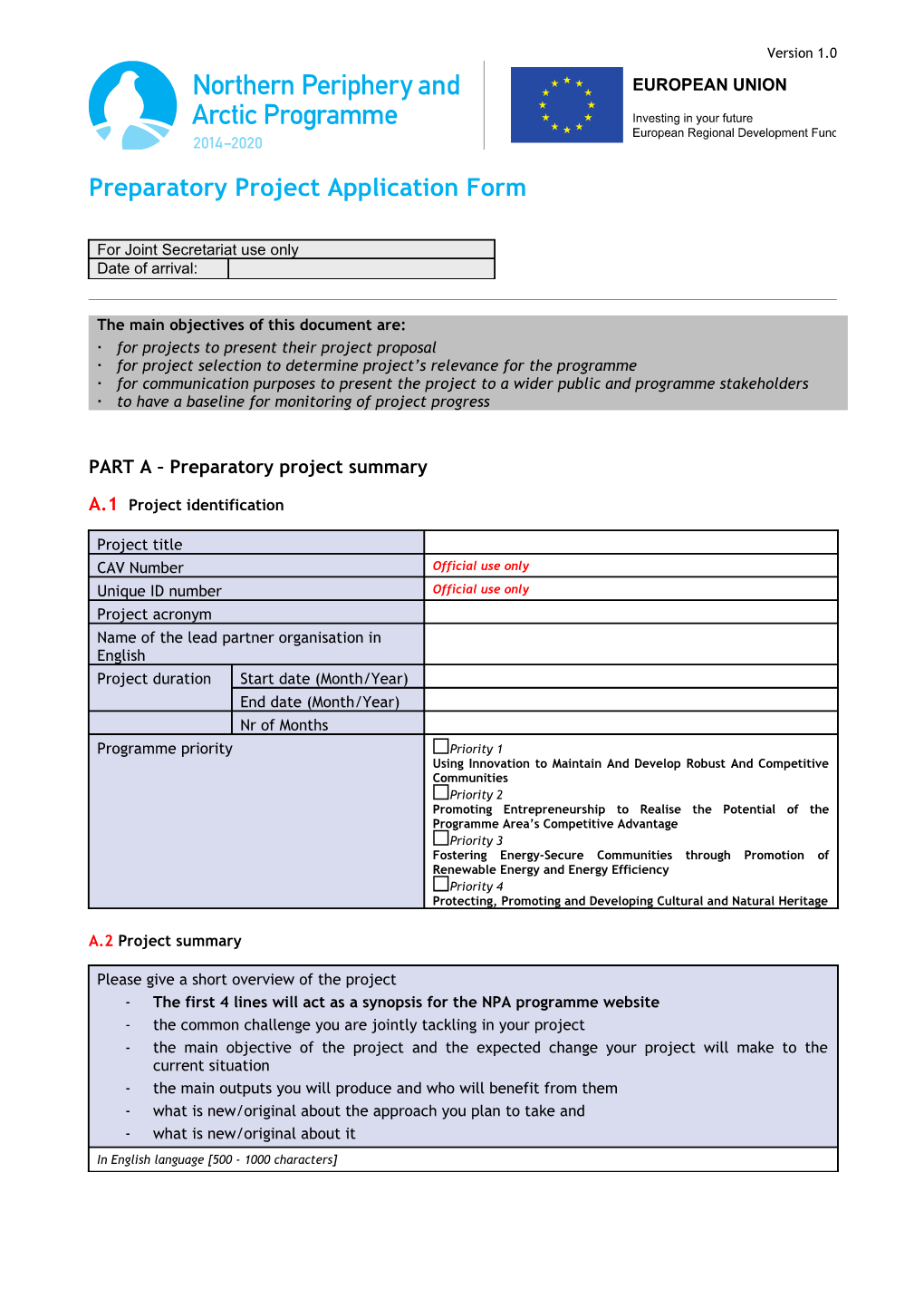 Preparatory Project Application Form