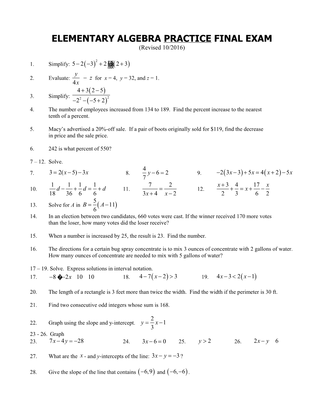 Elementary Algebra Practice Final Exam