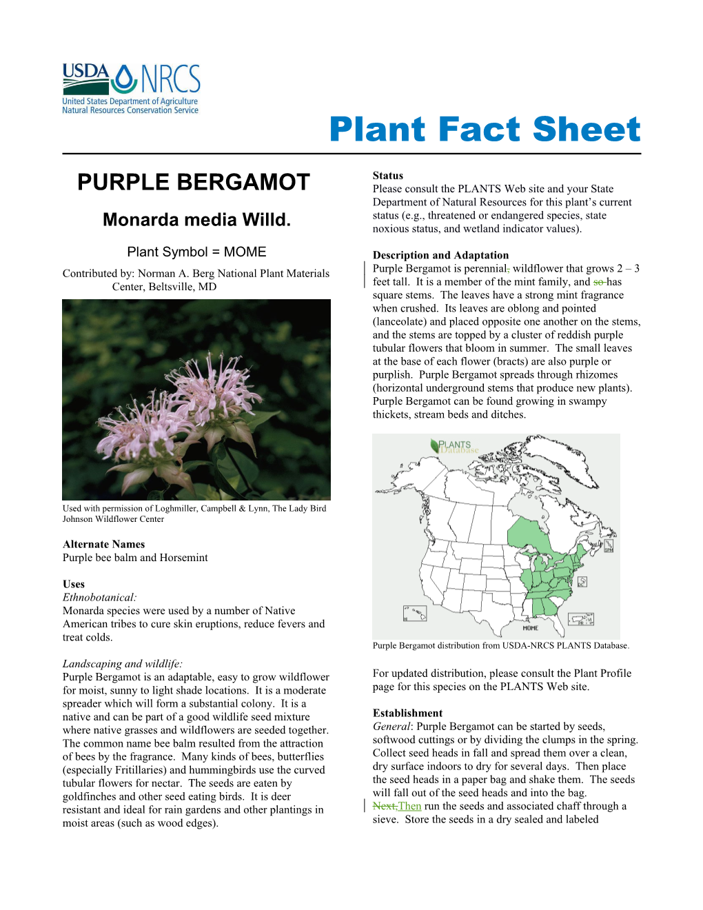 Purple Bergamot (Monarda Media) Plant Fact Shet