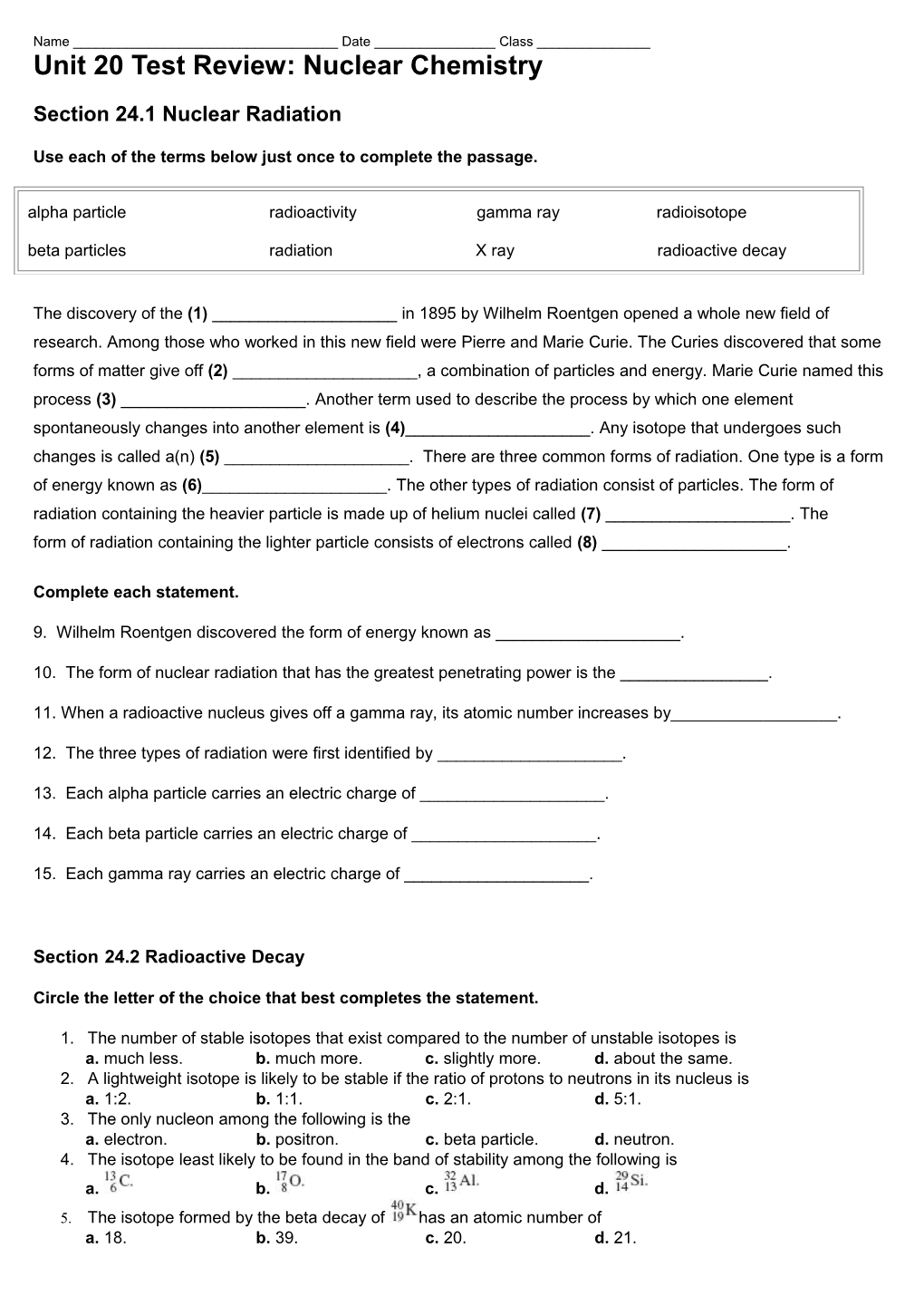 Unit 20 Test Review: Nuclear Chemistry