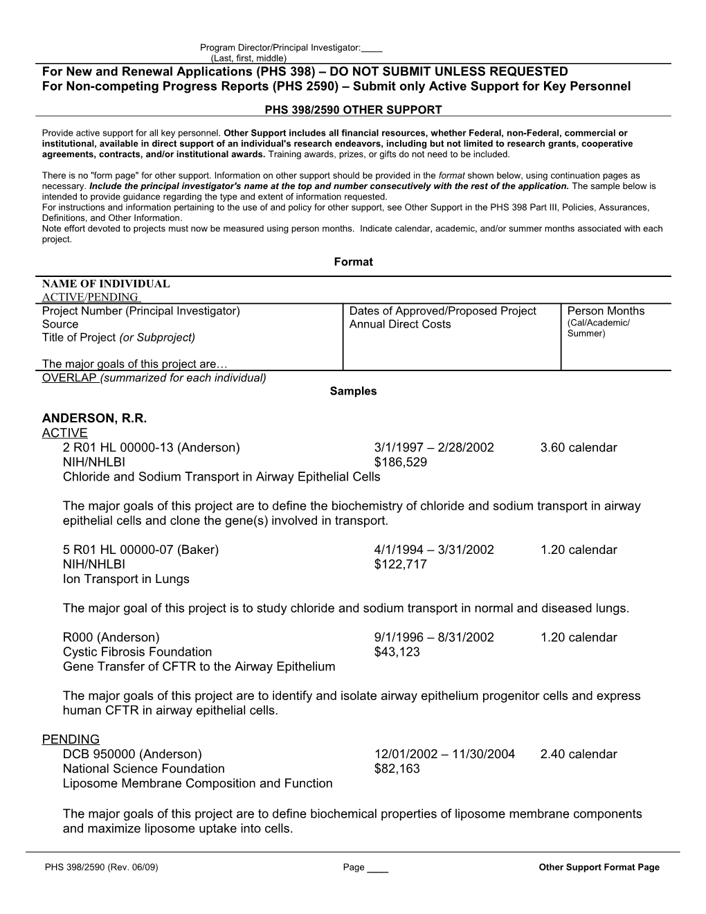 PHS 398/2590, Other Support Format Page