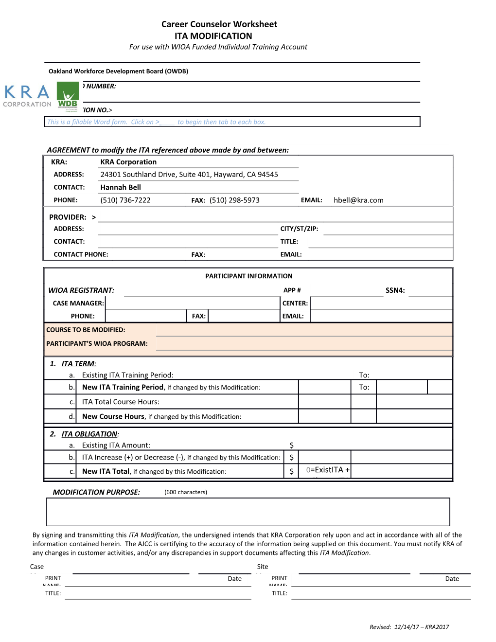 AGREEMENT to Modify the ITA Referenced Above Made by and Between