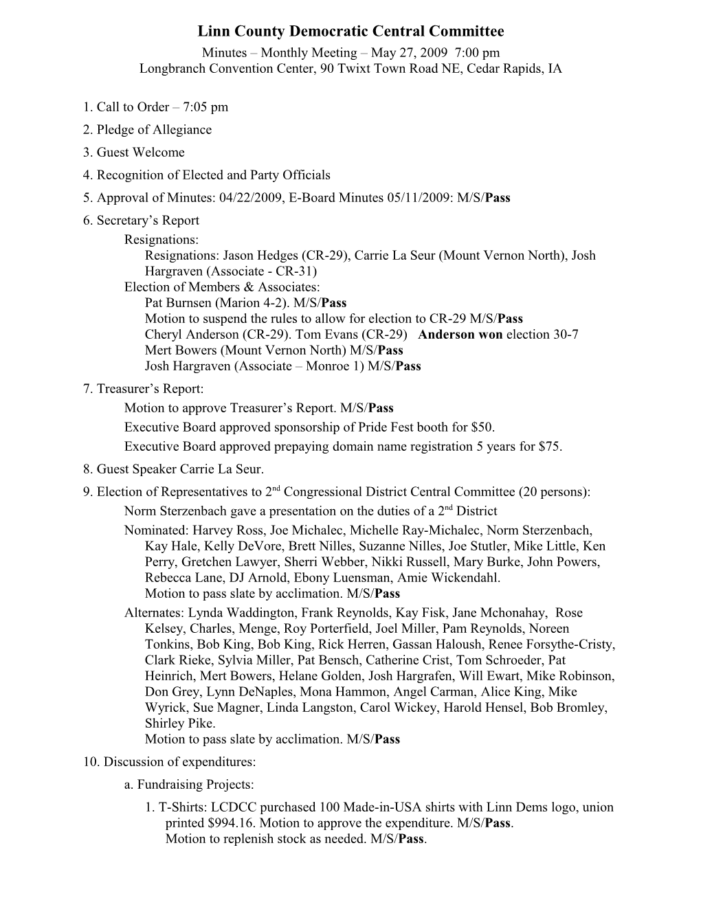 LCDCC Minutes Monthly Meeting May 27, 2009