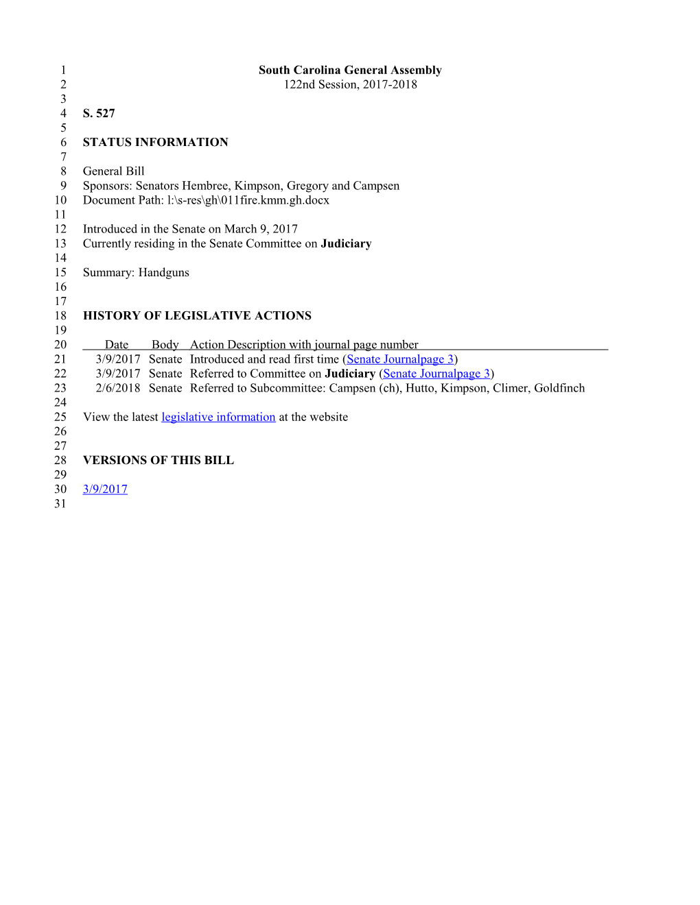 2017-2018 Bill 527: Handguns - South Carolina Legislature Online