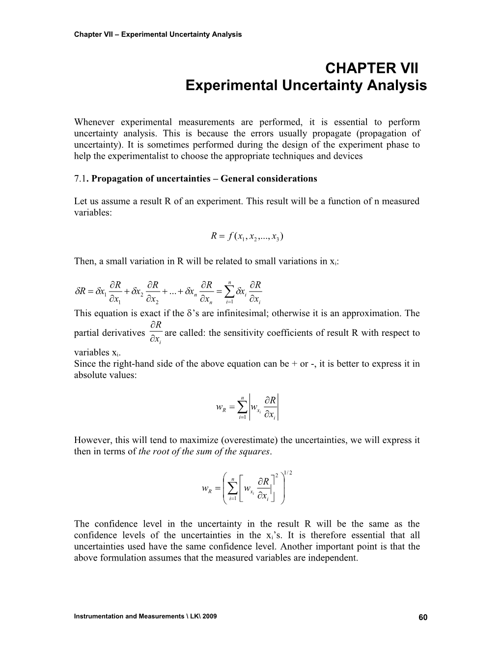 Chapter VII Experimental Uncertainty Analysis