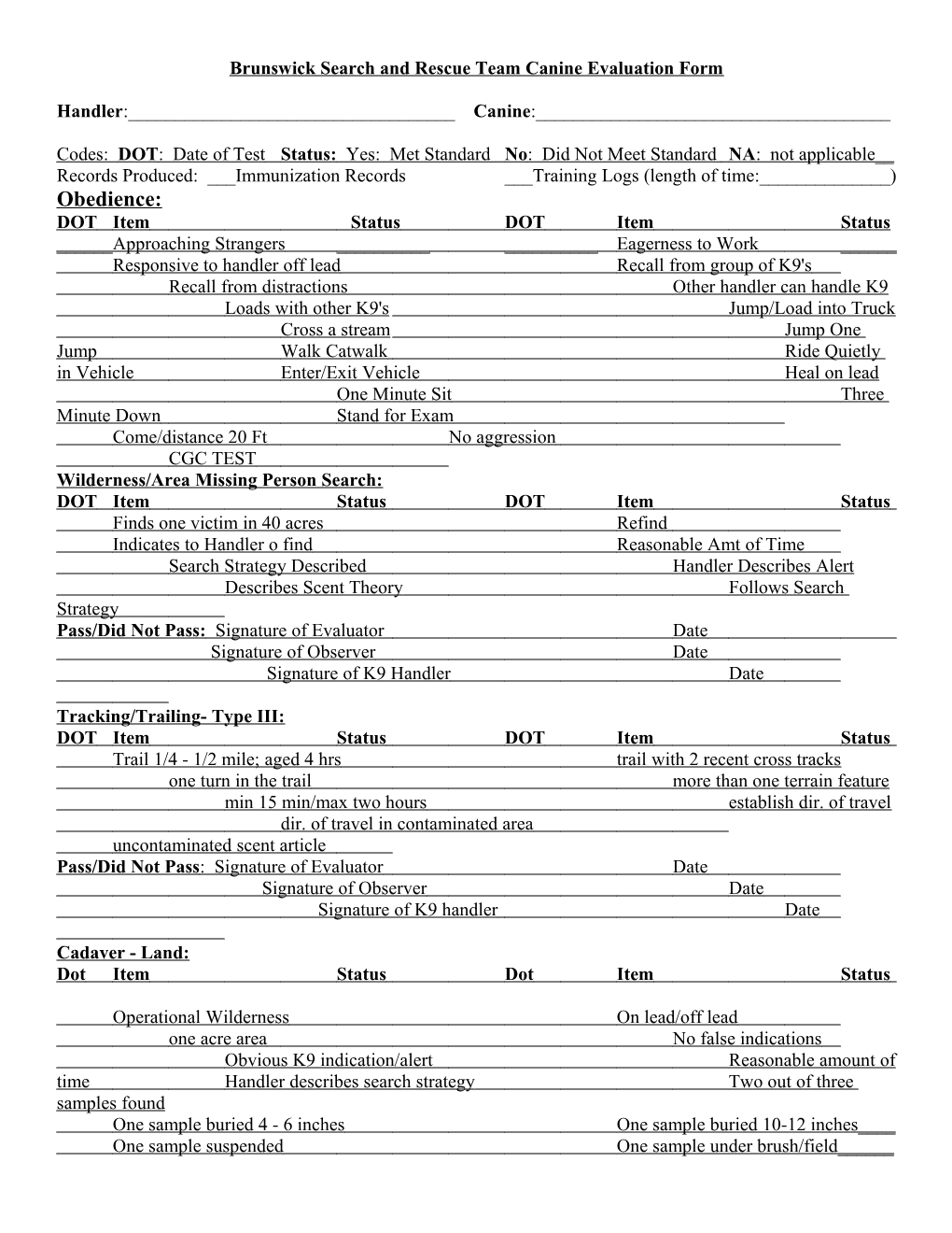 Brunswick Search and Rescue Team Canine Evaluation Form