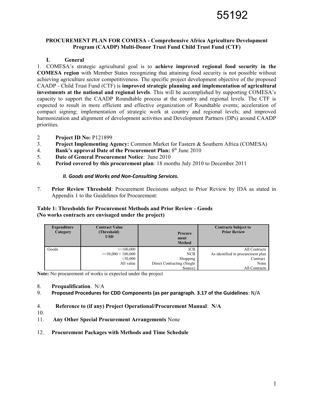 Procurement Plan for Comesa African Agricultural Market Program