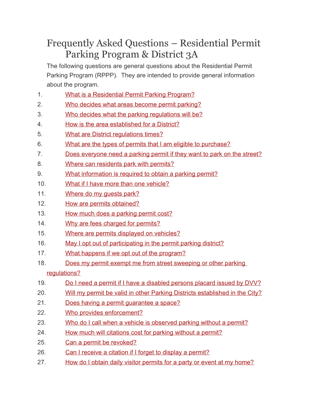 Frequently Asked Questions Residential Permit Parking Program & District 3A