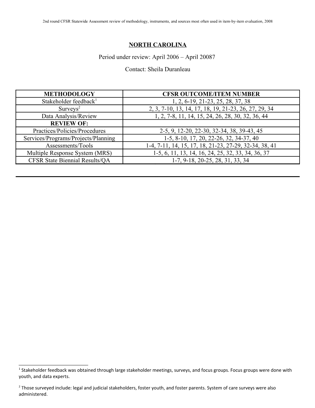 2Nd Round CFSR Statewide Assessment Review of Methodology, Instruments, and Sources Most