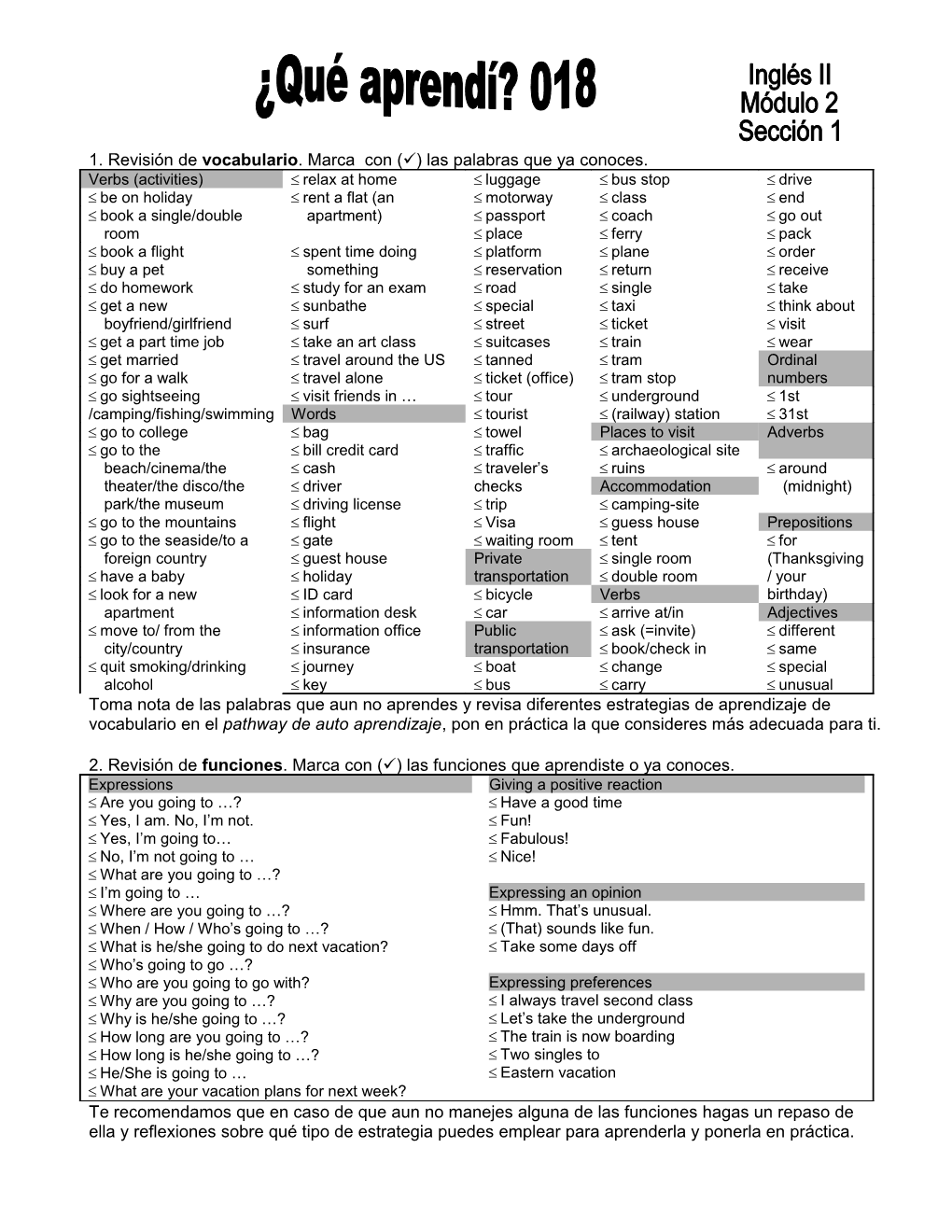 1. Revisión De Vocabulario. Marca Con (P) Las Palabras Que Ya Conoces