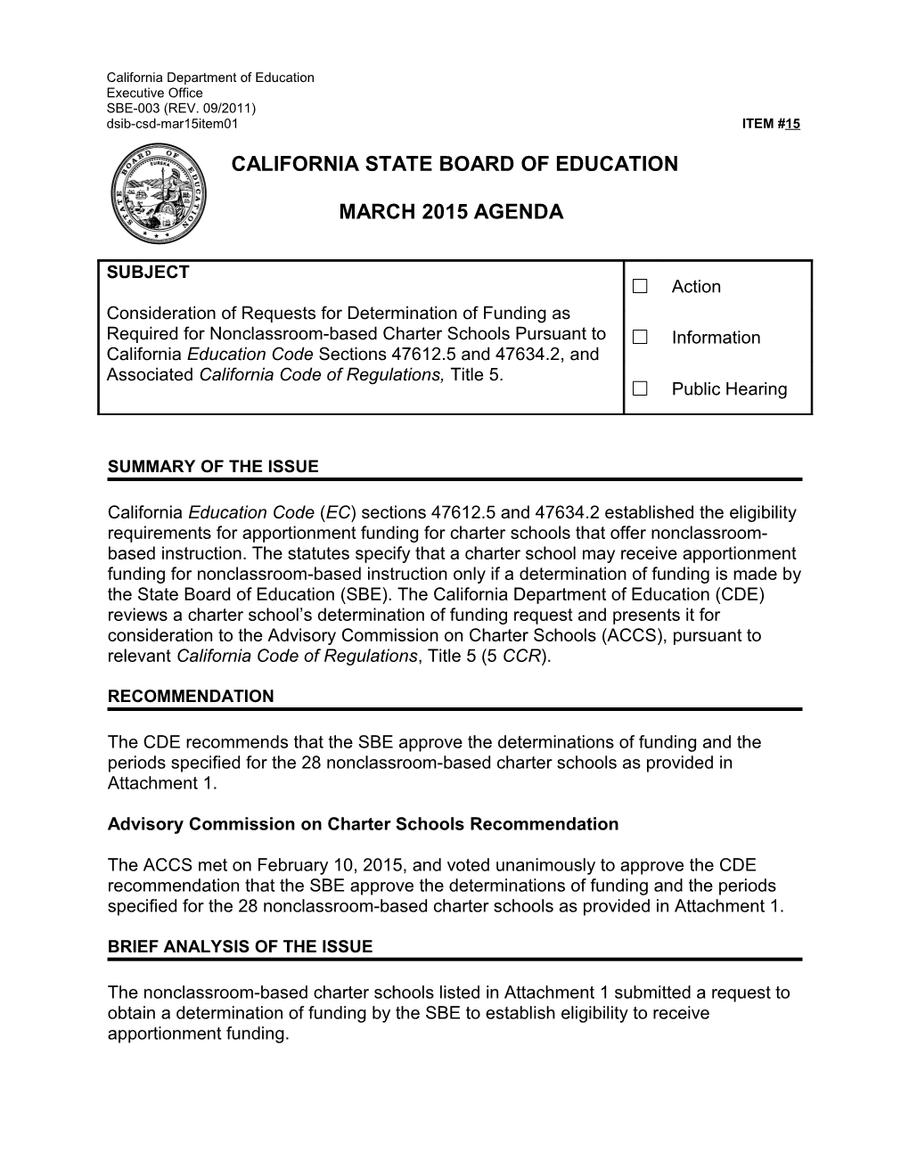 March 2015 Agenda Item 15 - Meeting Agendas (CA State Board of Education)