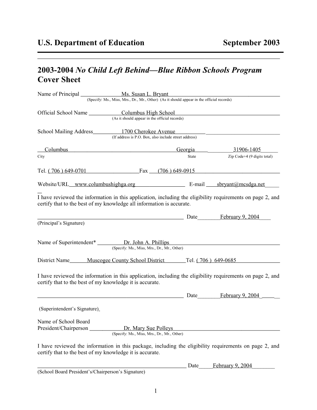 Columbus High School 2004 No Child Left Behind-Blue Ribbon School Application (Msword)