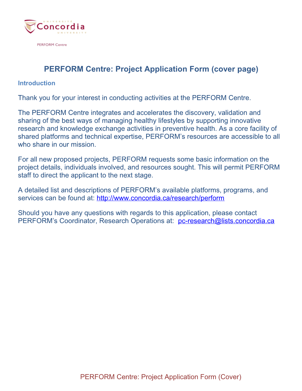 PERFORM Centre: Project Application Form (Cover Page)