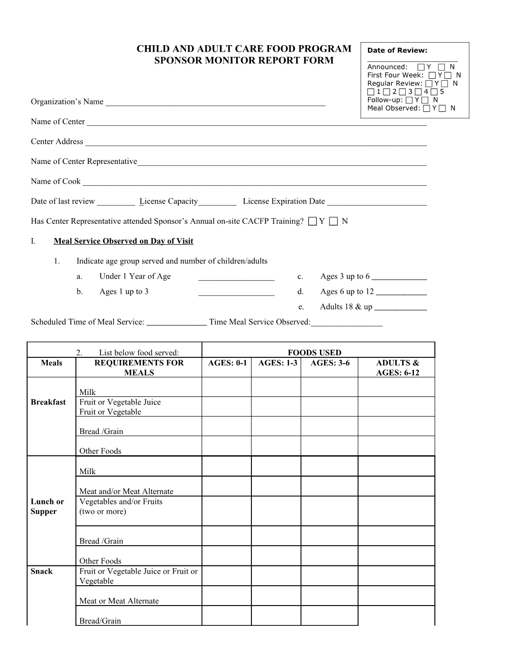 Child and Adult Care Food Program Sponsor Monitor Report Form