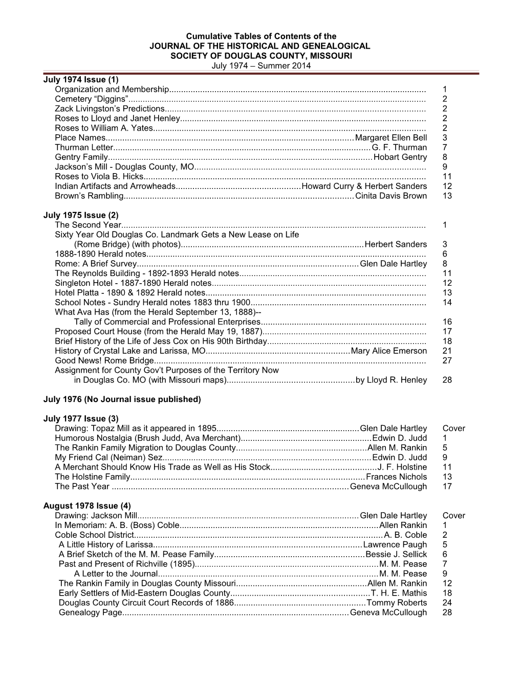 Cumulative Tables of Contents of The