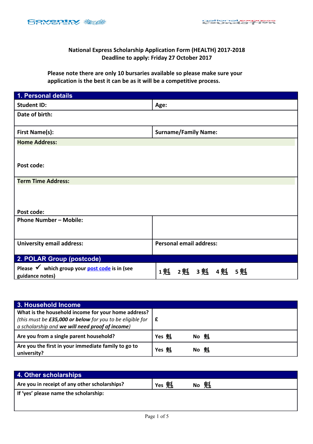 National Express Scholarship Application Form (HEALTH) 2017-2018