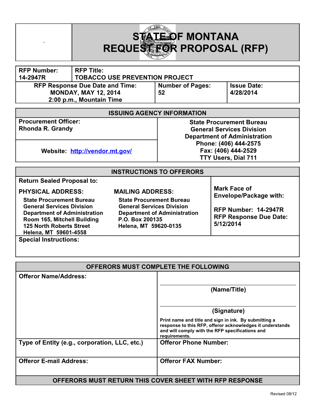 RFP#14-2947R, Tobacco Use Prevention Project, Page 1