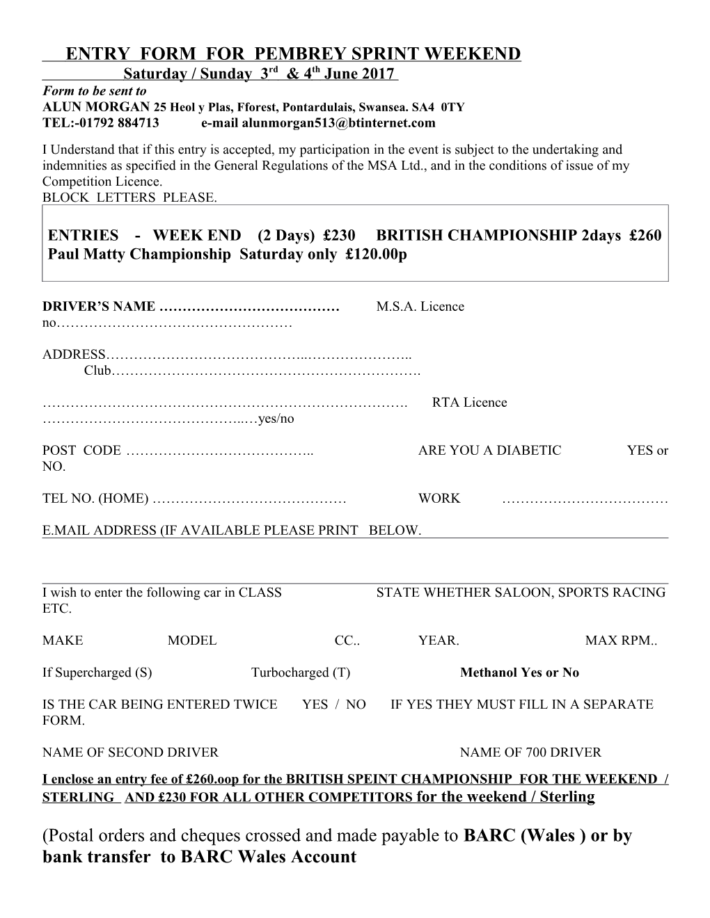 Entry Form for Pembrey Sprint Weekend