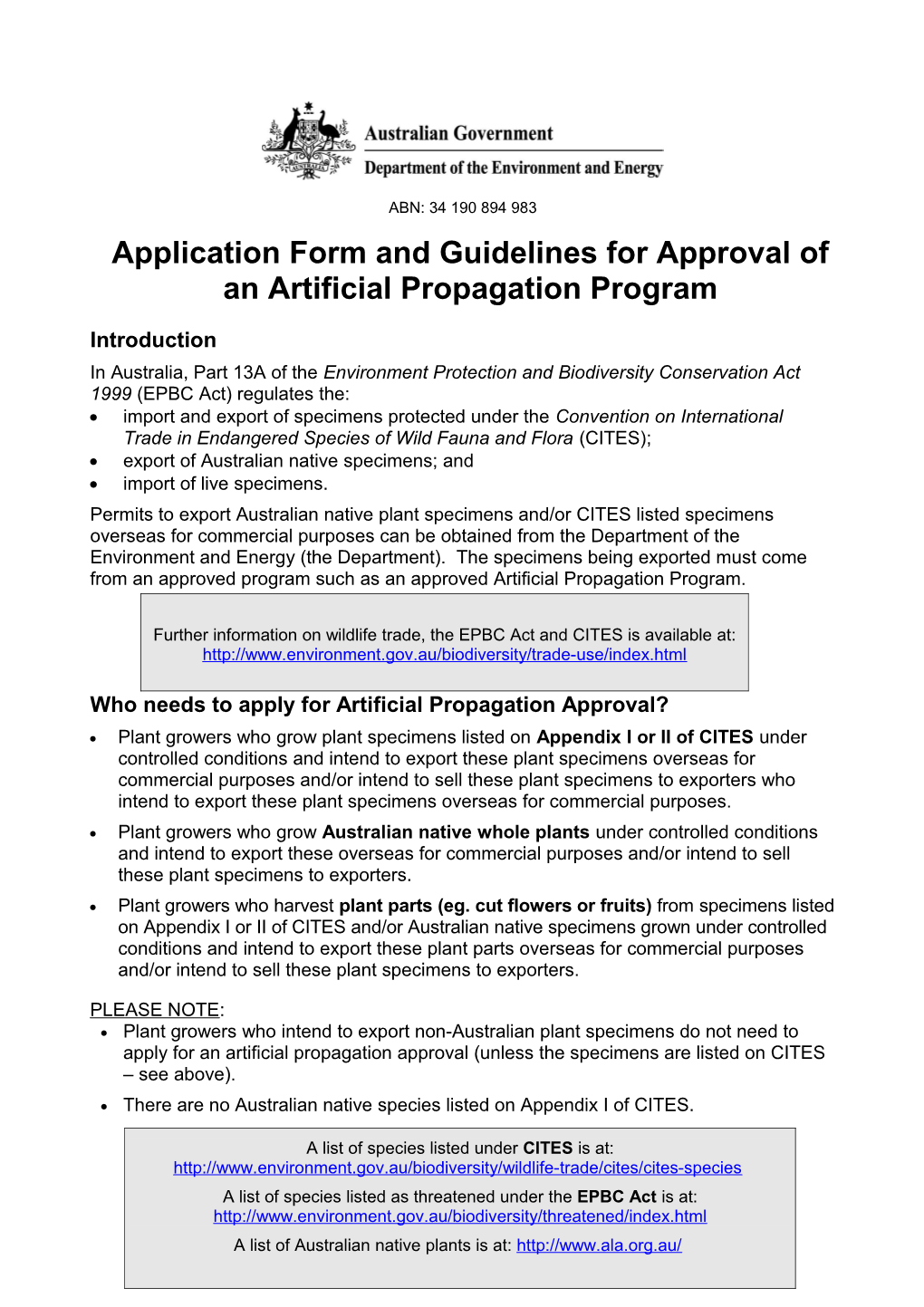 Application Form and Guidelines for Approval of an Artificial Propagation Program