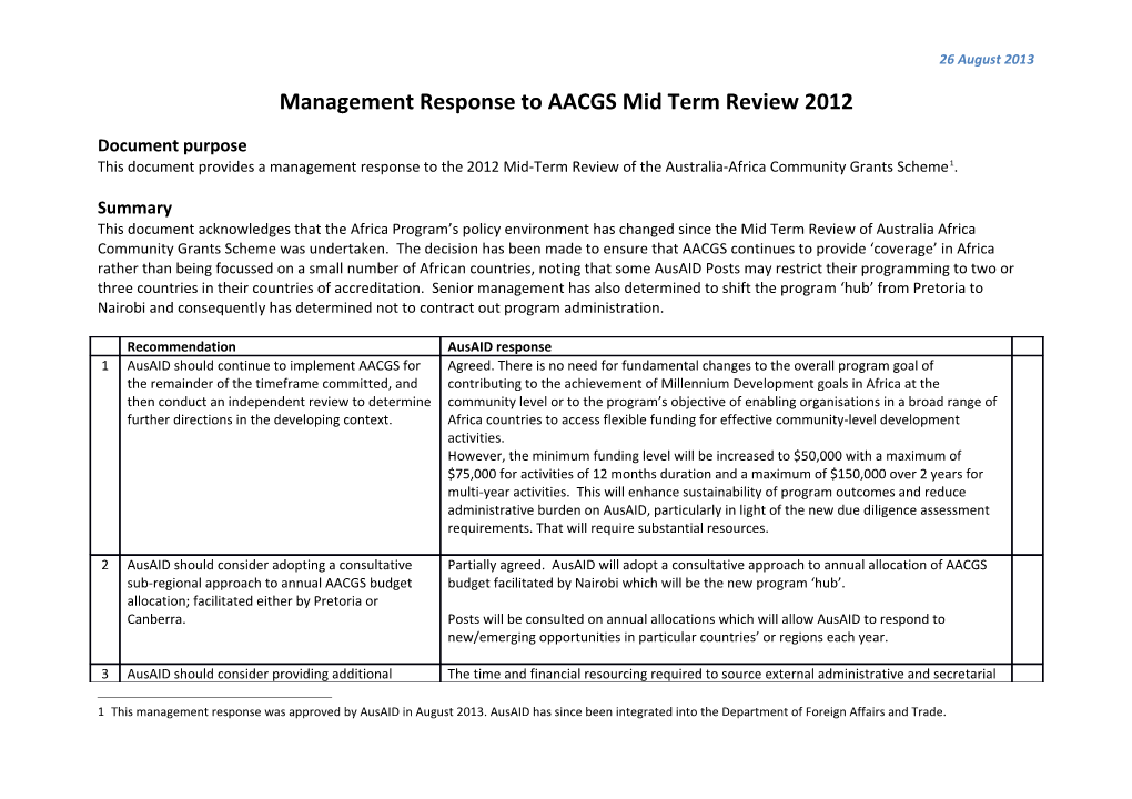 Management Response to AACGS Mid Term Review 2012
