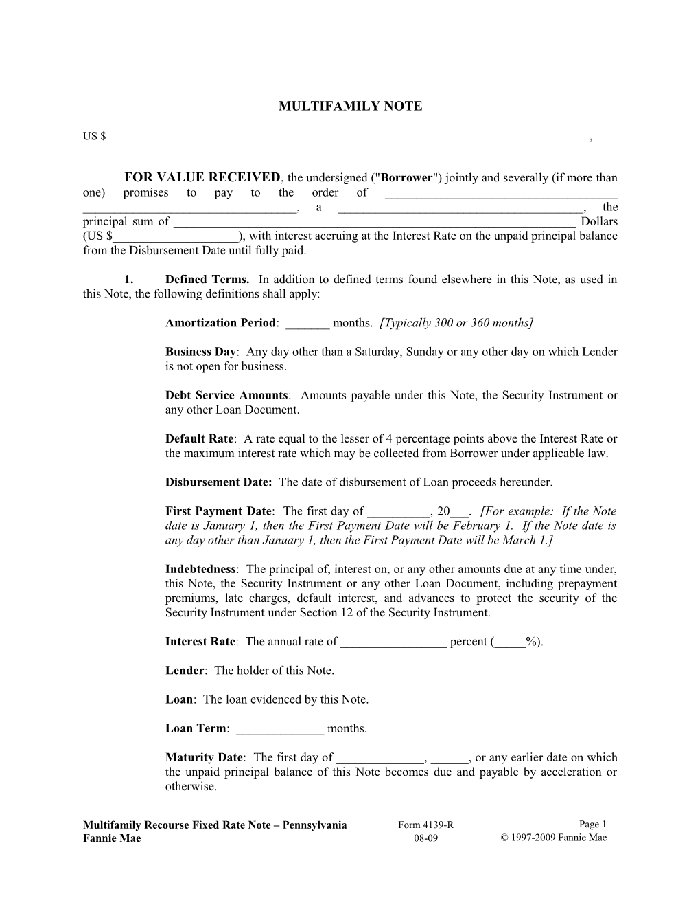 Multifamily Form 4139-R Pennsylvania