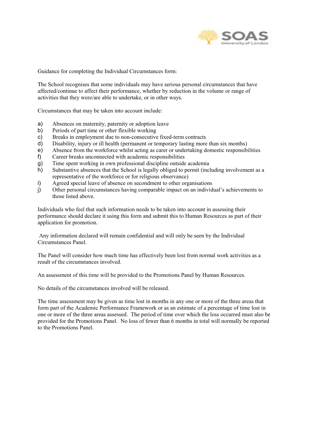 Guidance for Completing the Individual Circumstances Form