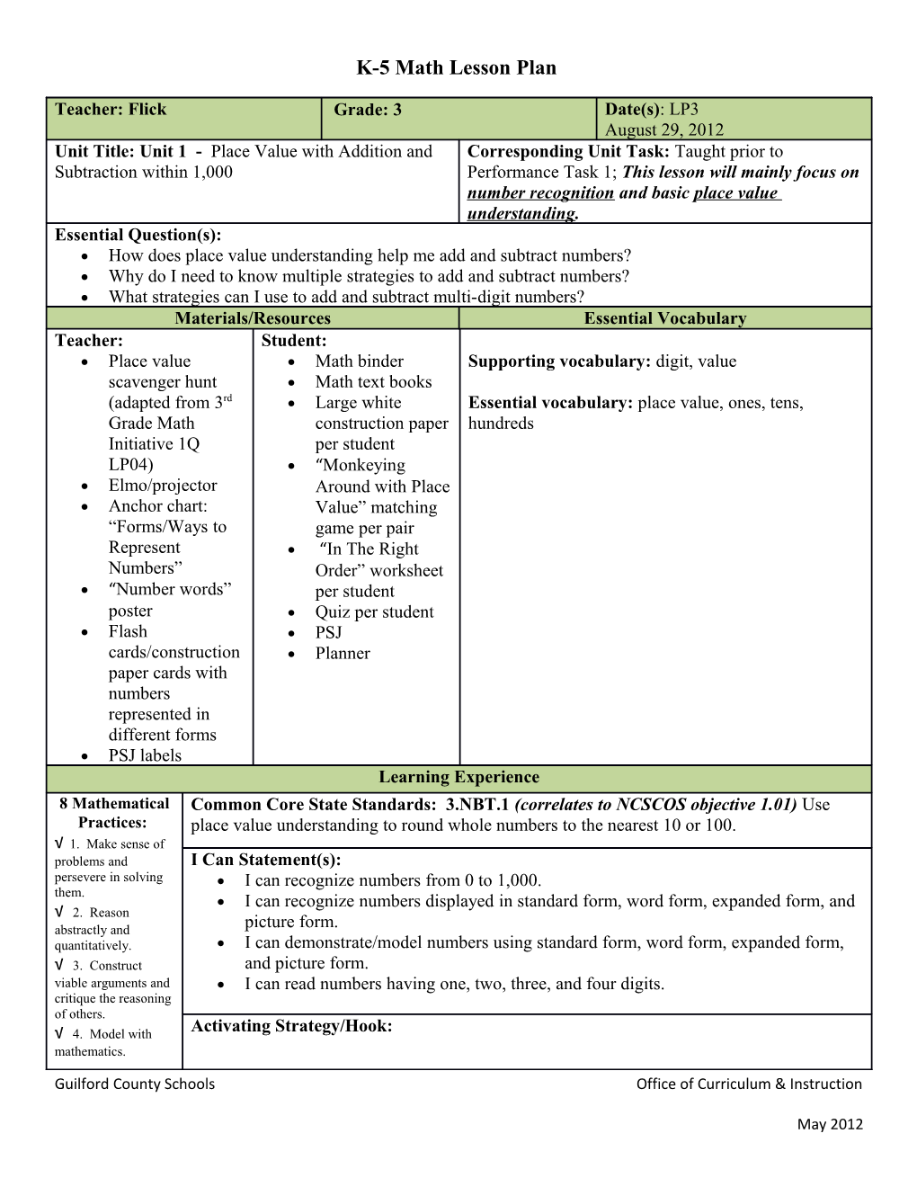 K-5 Math Lesson Plan