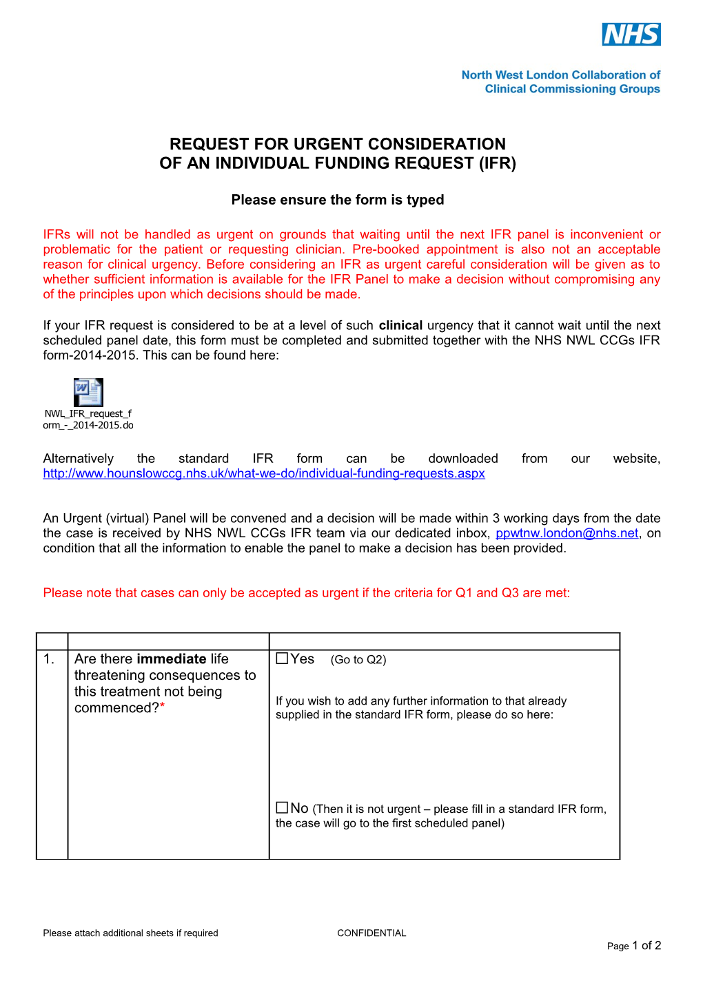 IFR Urgent Request Form