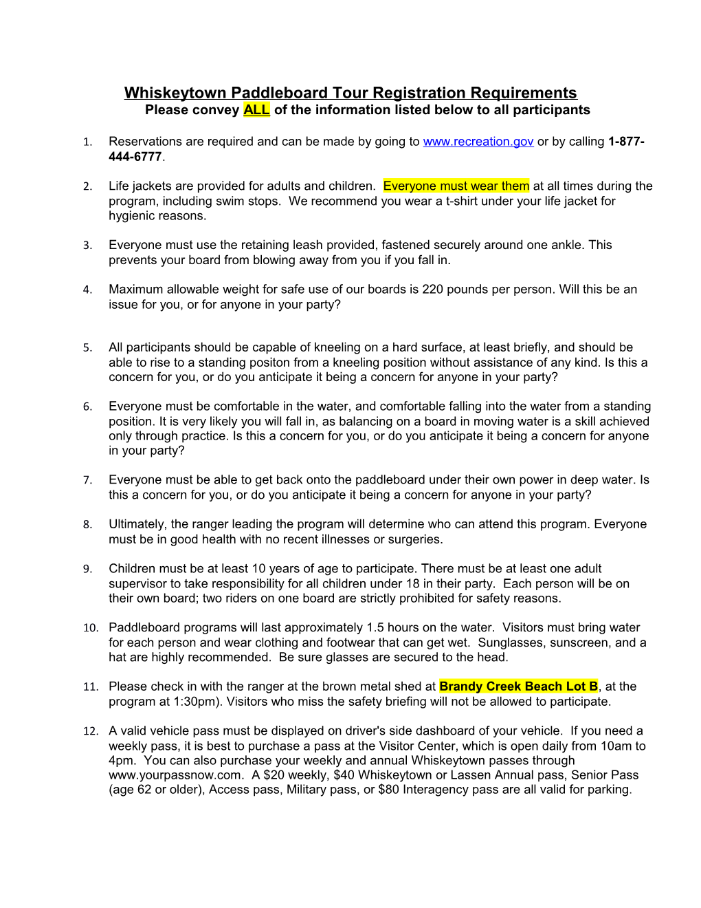 Whiskeytown Paddleboard Tour Registration Requirements