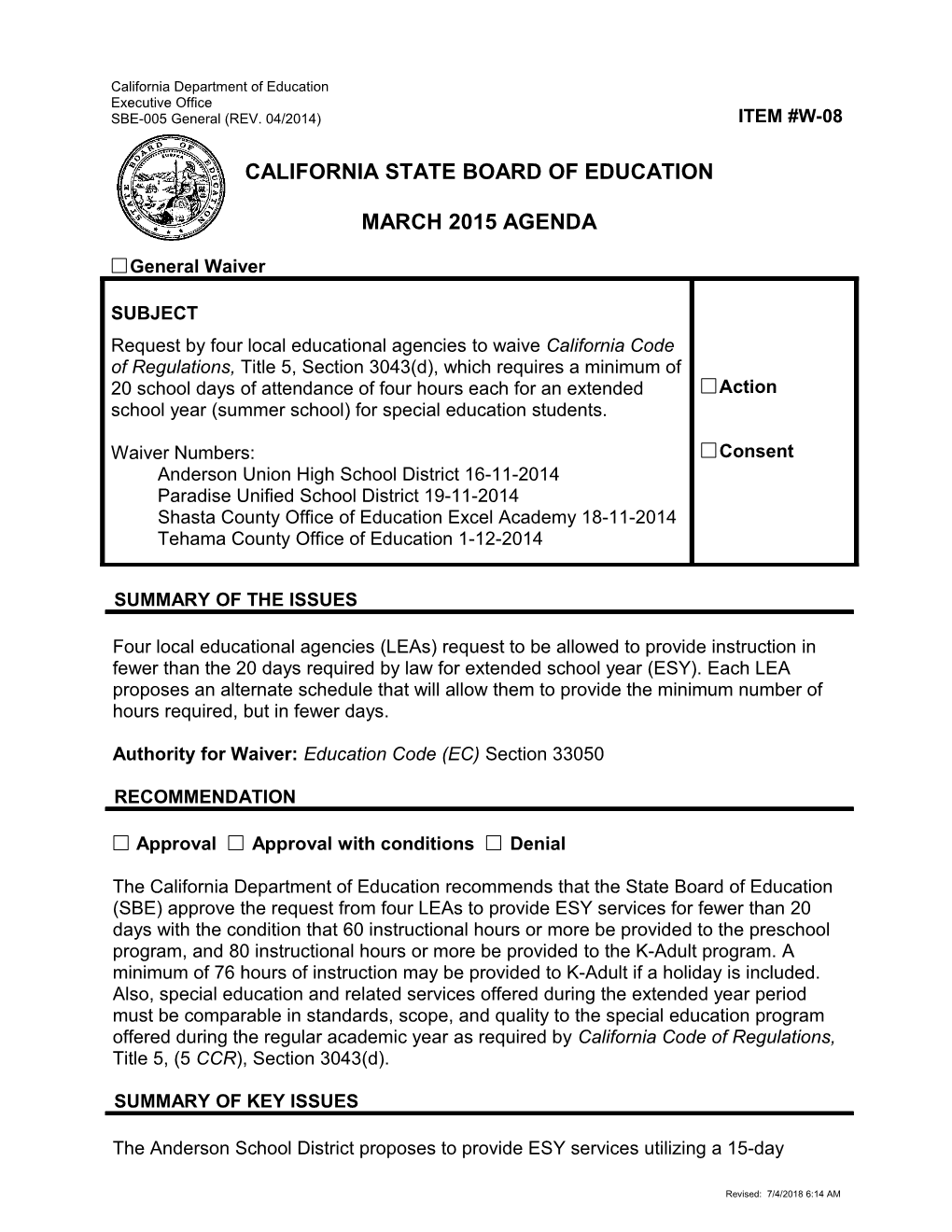 March 2015 Waiver Item W-08 - Meeting Agendas (CA State Board of Education)