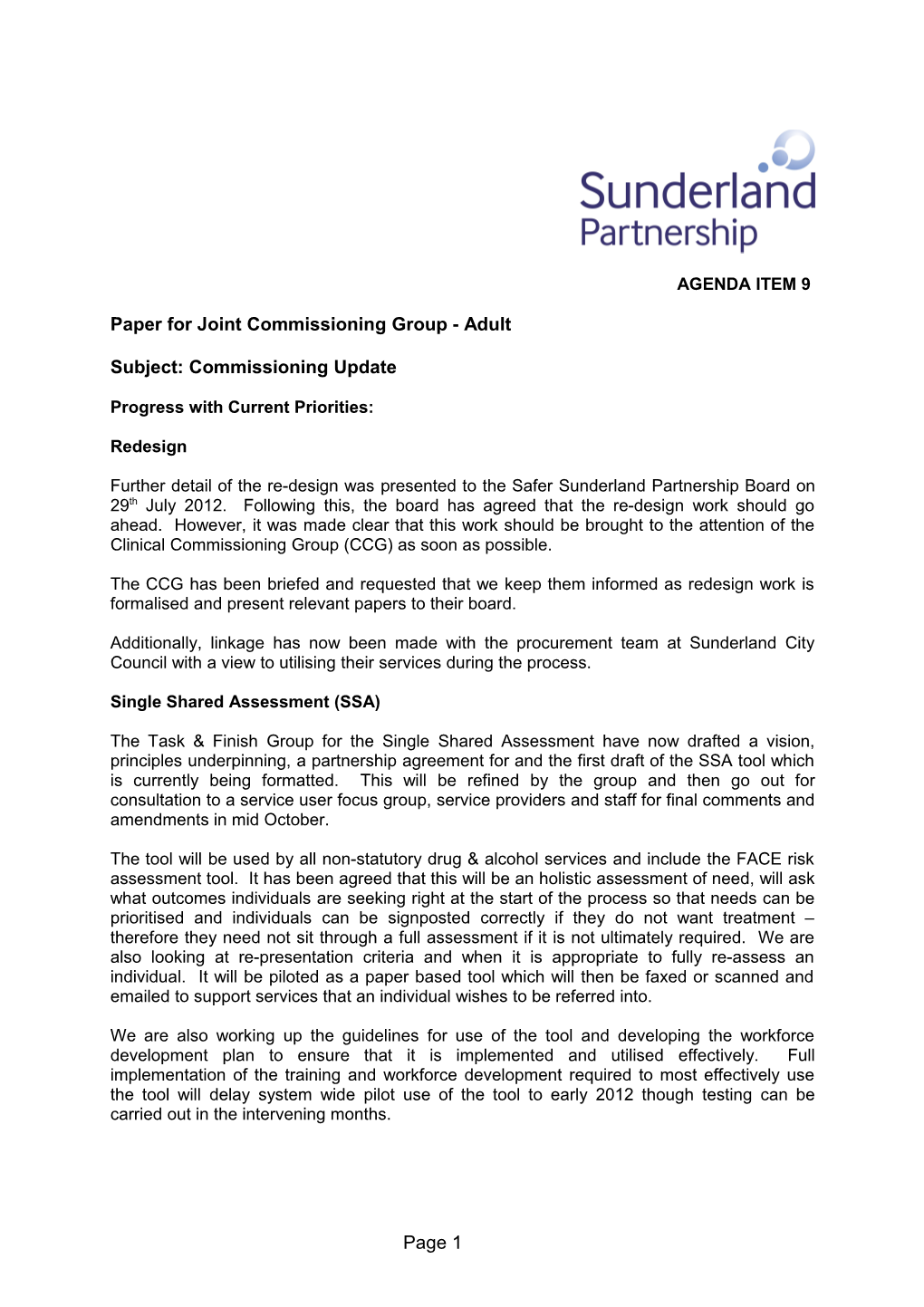 Paper for Gateshead Adult Joint Commissioning Group