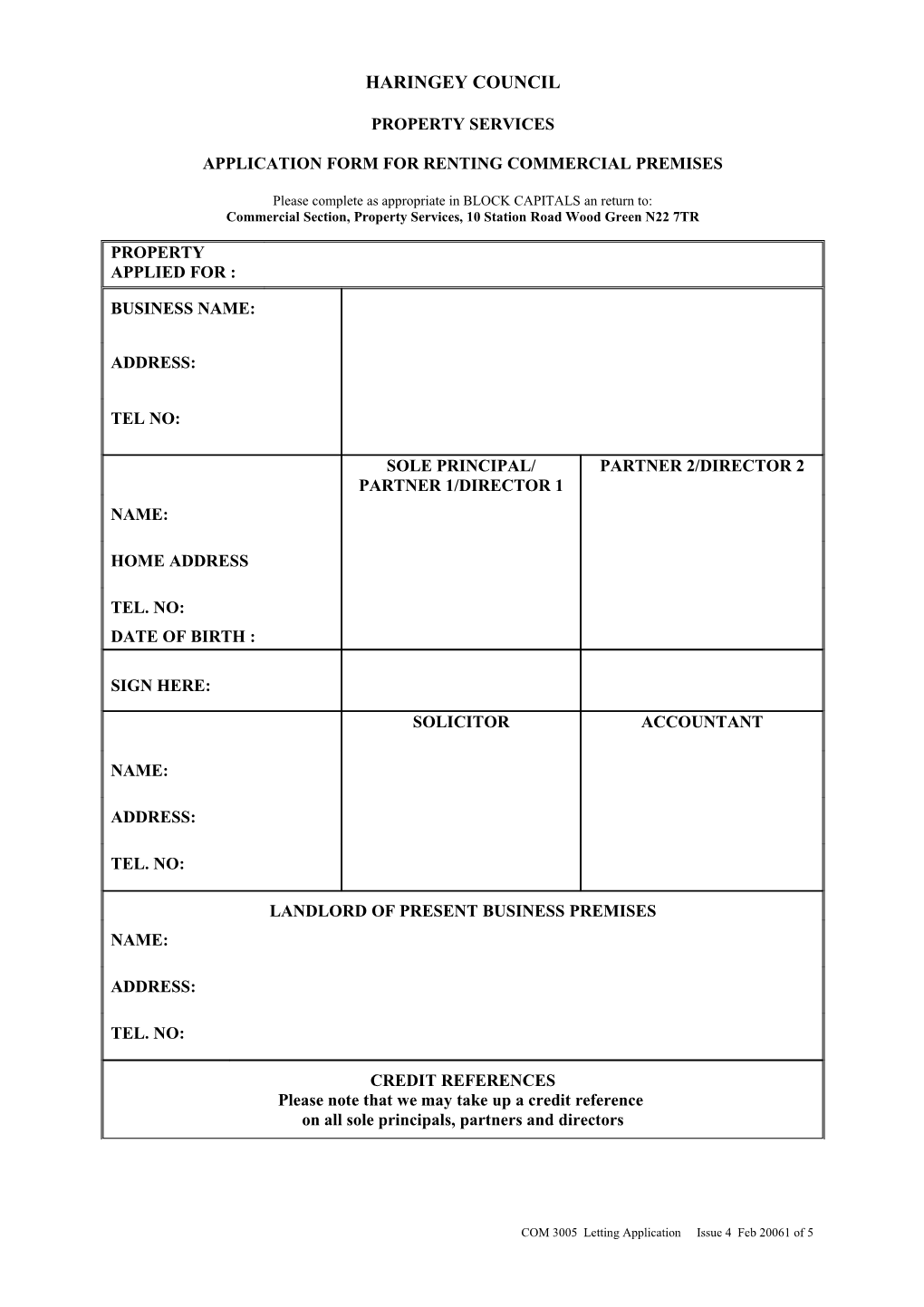 Application Form for Renting Commercial Pre