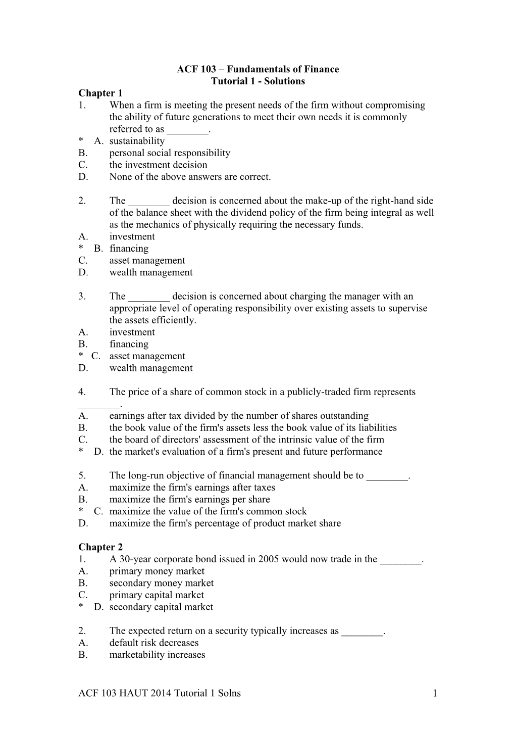 ACF 103 Fundamentals of Finance