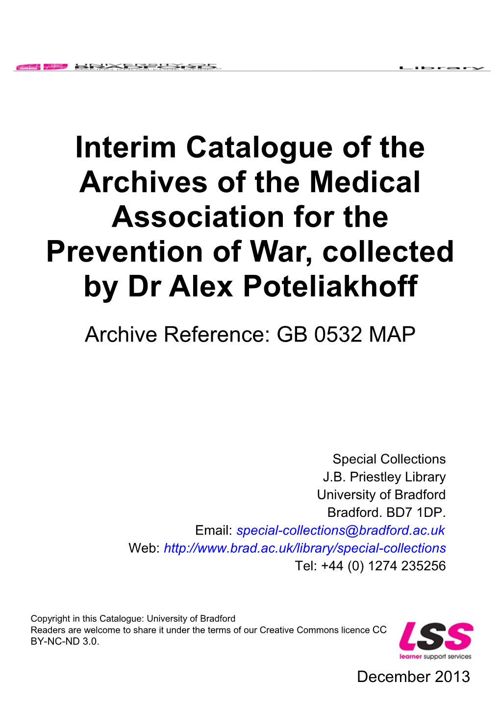 Interim Catalogue of the Archives of the Medical Association for the Prevention of War