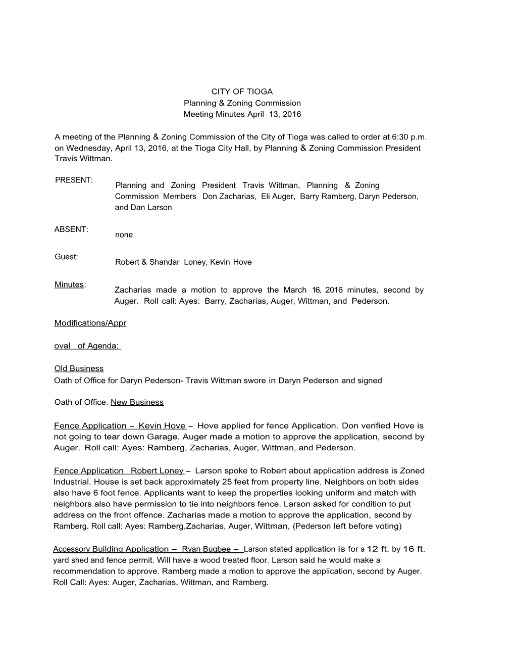 Planning Zoning Commission Meeting Minutes April 13, 2016