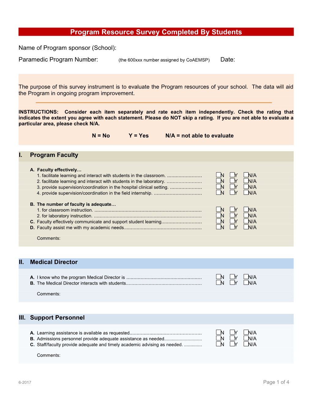 Program Resource Survey Completed by Students