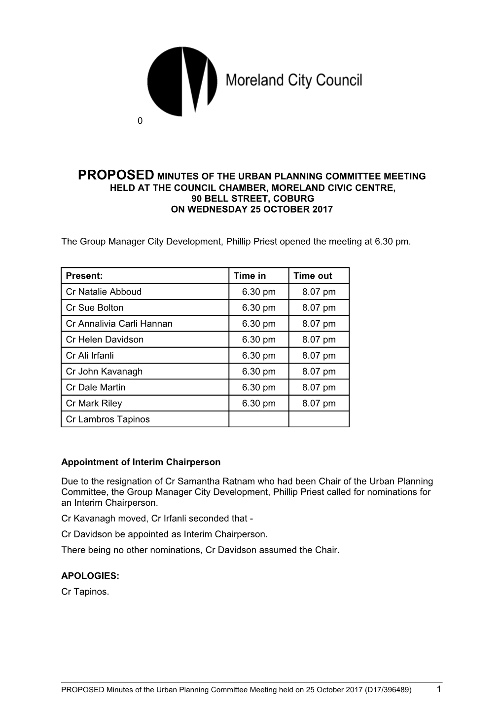 Minutes of Urban Planning Committee Meeting - 25 October 2017