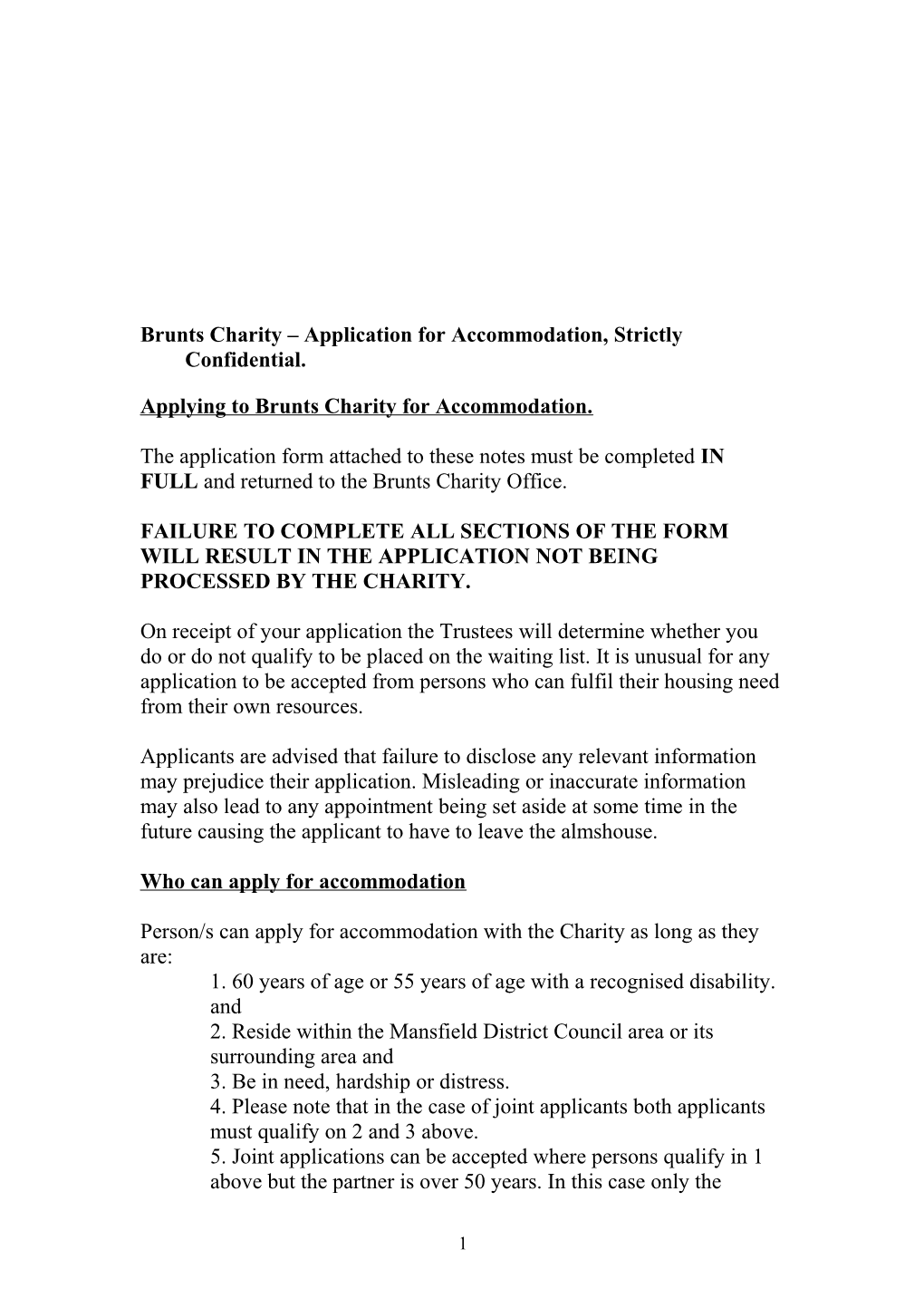 Brunts Charity Application for Accommodation, Strictly Confidential