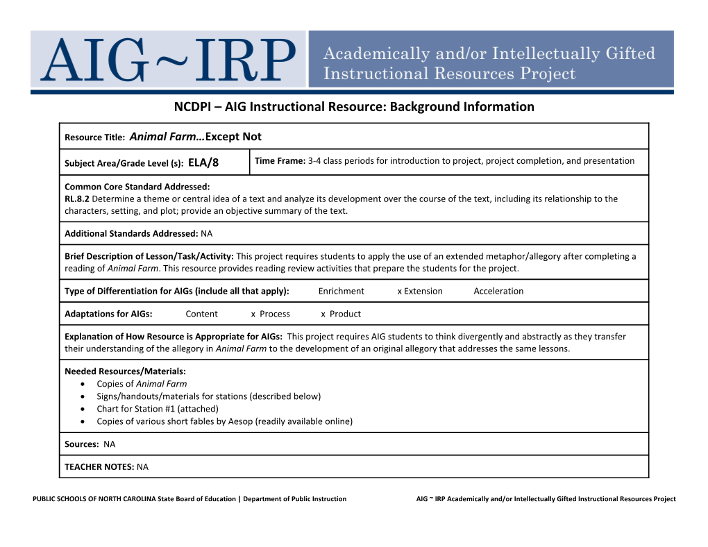 NCDPI AIG Curriculum Resource Outline