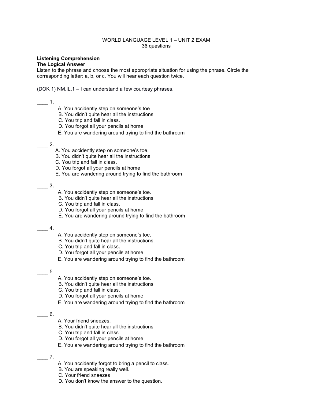 World Language Level 1 Unit 2 Exam