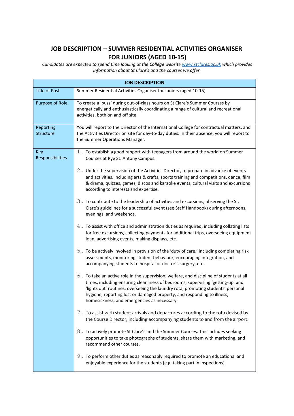 Job Description Summer Residential Activities Organiser